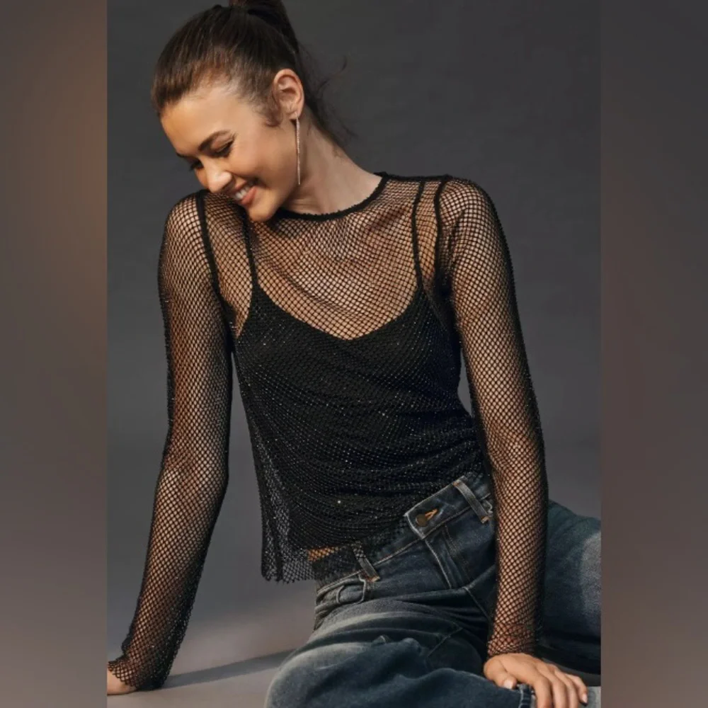 Anthropologie Long-Sleeve Beaded Mesh Top (XXS) - Picture 1 of 6